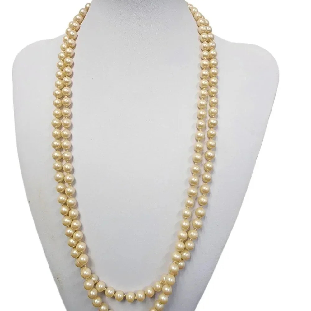 Vintage Layered Necklace Beaded Faux Pearl Necklace Silver Braclet 54 Inches